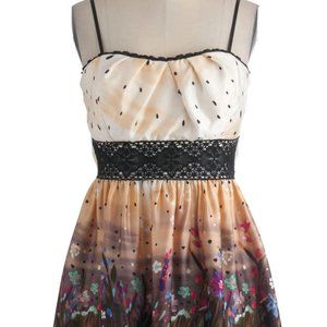 Floral Satin Crochet Empire Waist Strap Dress Sz S